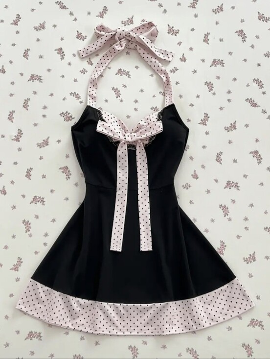 Dresses & Skirts - Black and Pink Polka Dot Halter Neck Dress, Style Bow Waist A-Line Mini Dress
